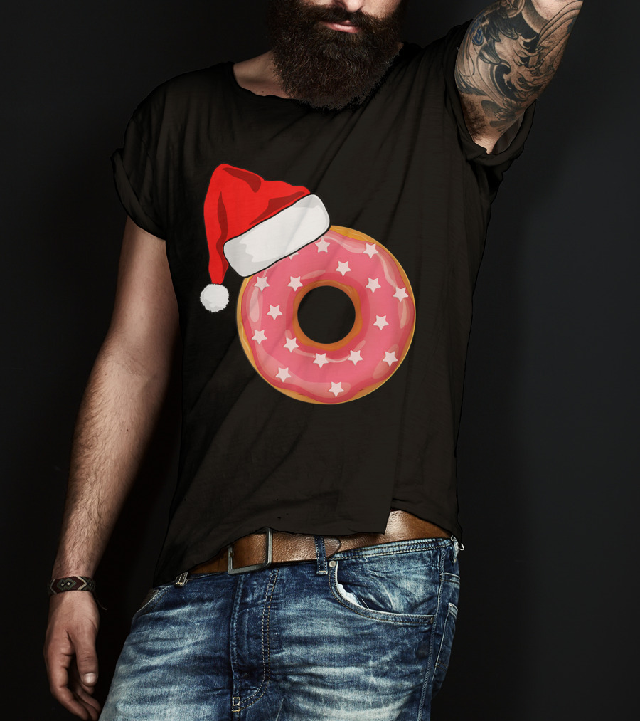 Santa Hat On Pink Strawberry Donut With Stars T-Shirt