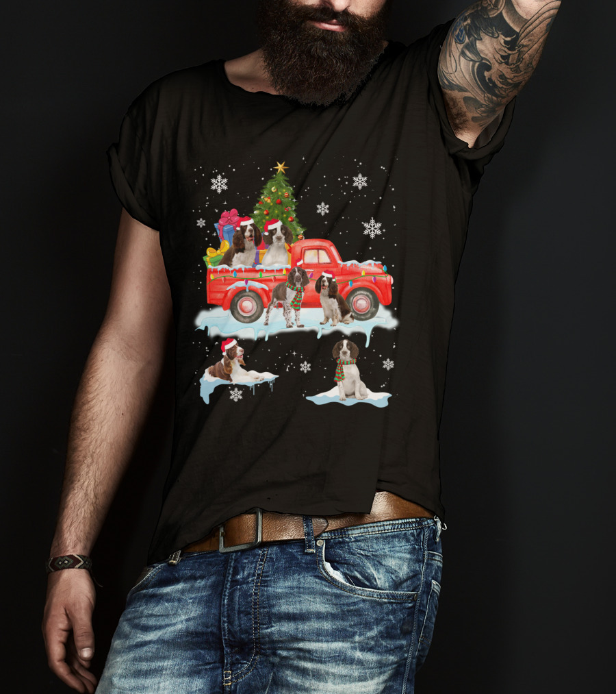 English Springer Spaniel Christmas Scene With Santa Hats On Red Truck And Snowflakes T-Shirt