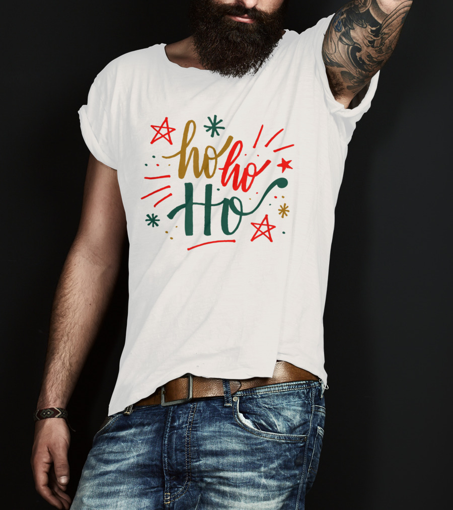 Festive Bright Red And Green Christmas Ho Ho Ho Stars T-Shirt