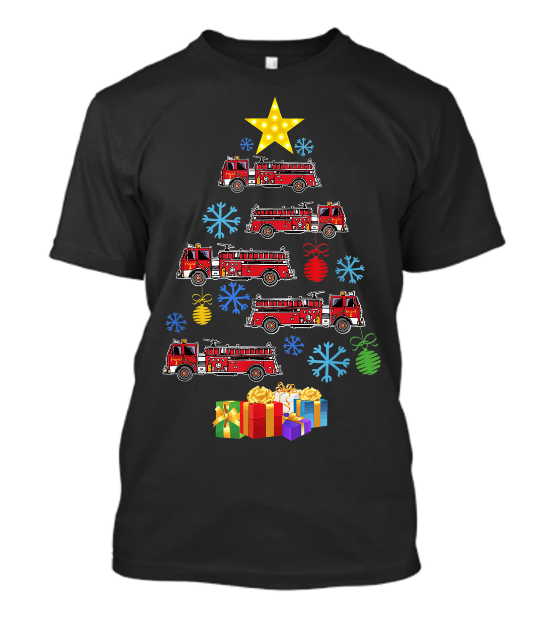 Firetruck Christmas Tree Xmas Firefighter Gifts Snowflakes Star T-Shirt