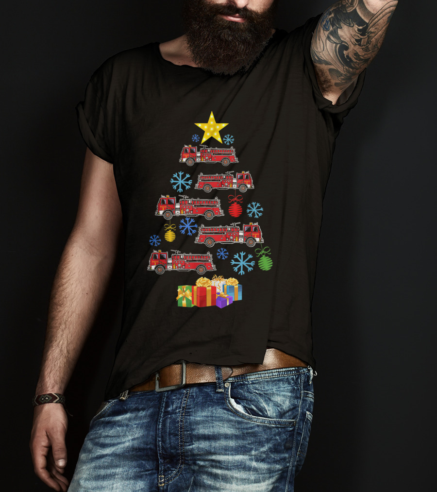 Firetruck Christmas Tree Xmas Firefighter Gifts Snowflakes Star T-Shirt