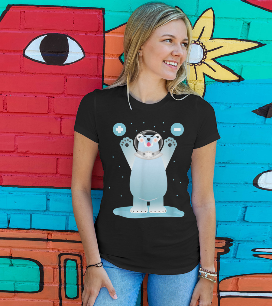 Funny Polar Bear In Space Helmet With Plus And Minus Chemistry Symbols T-Shirt