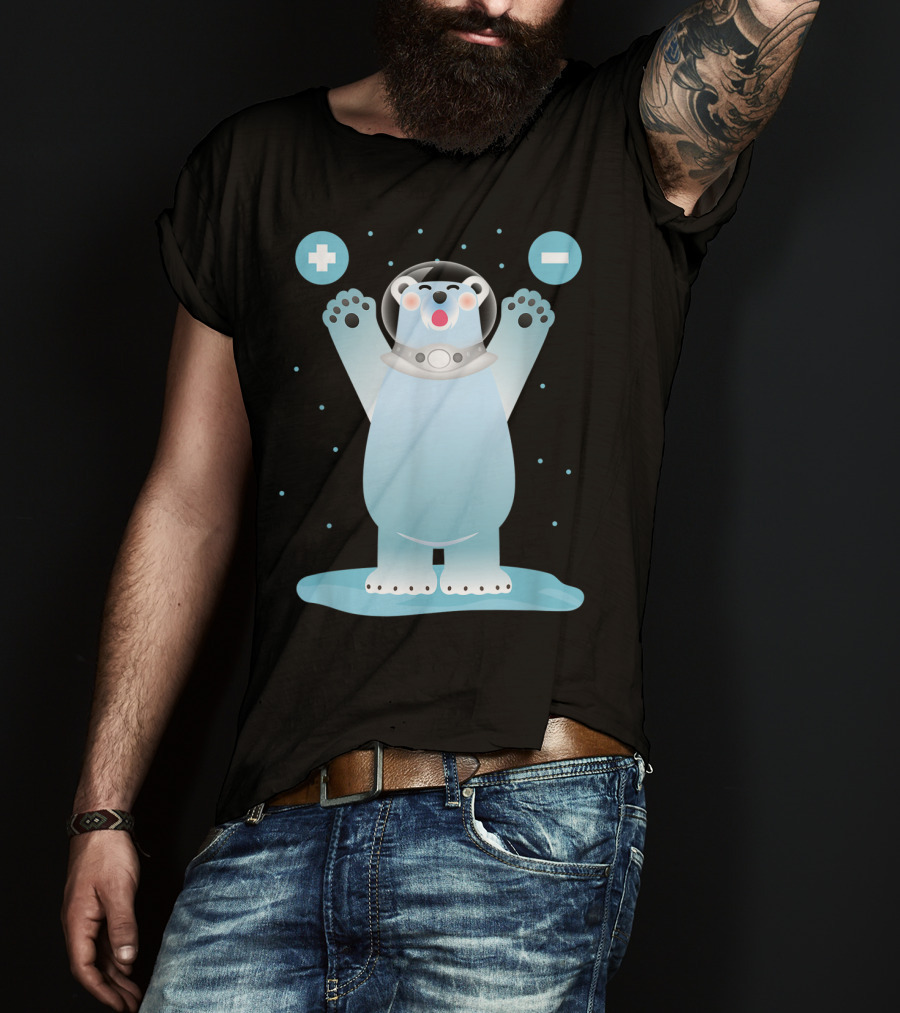 Funny Polar Bear In Space Helmet With Plus And Minus Chemistry Symbols T-Shirt