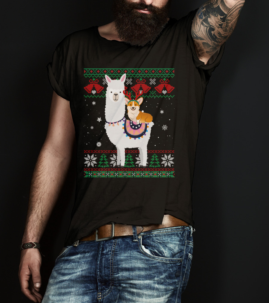 Christmas Corgi Riding Llama With Snowflakes And Reindeer Antlers T-Shirt