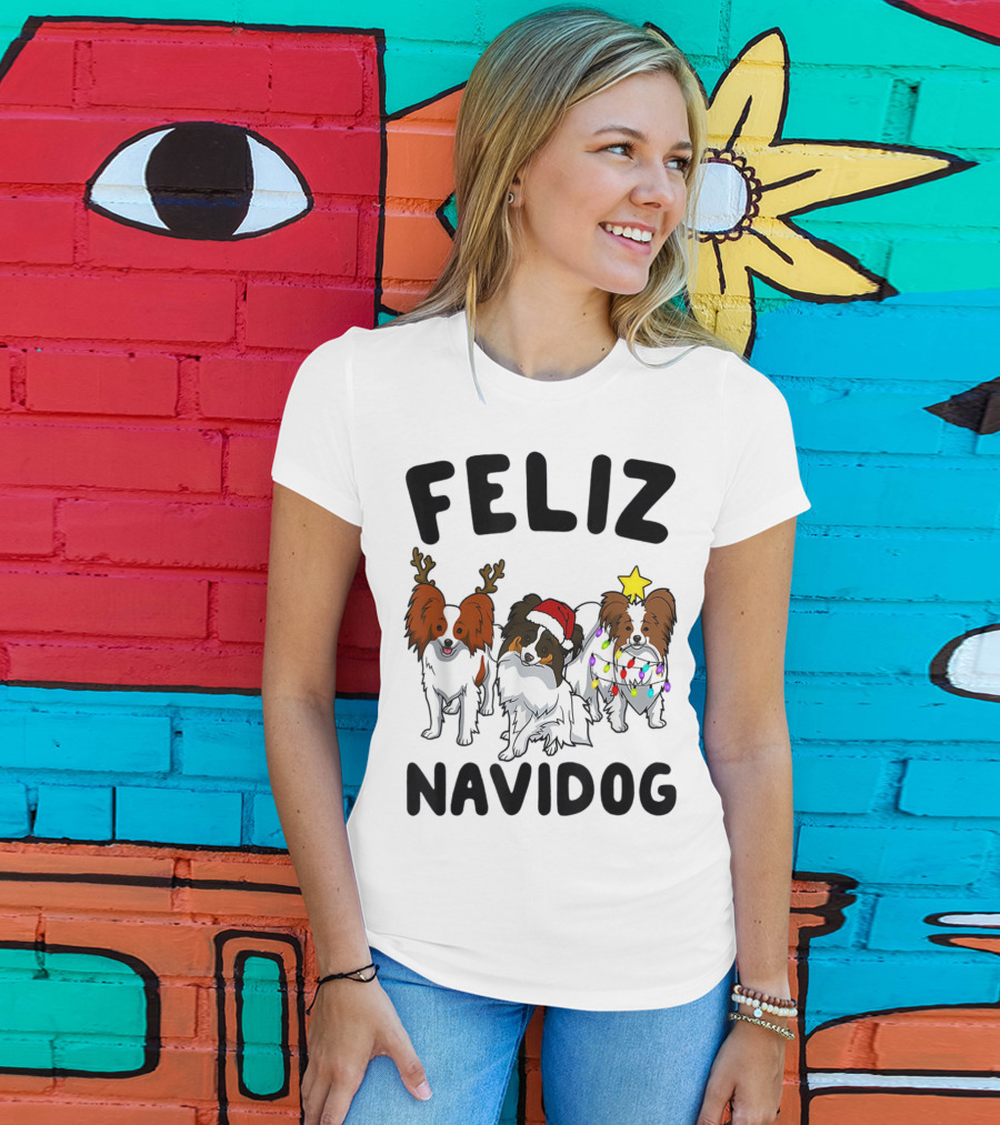 Feliz Navidog Funny Papillon Reindeer Santa Hat Christmas Lights T-Shirt