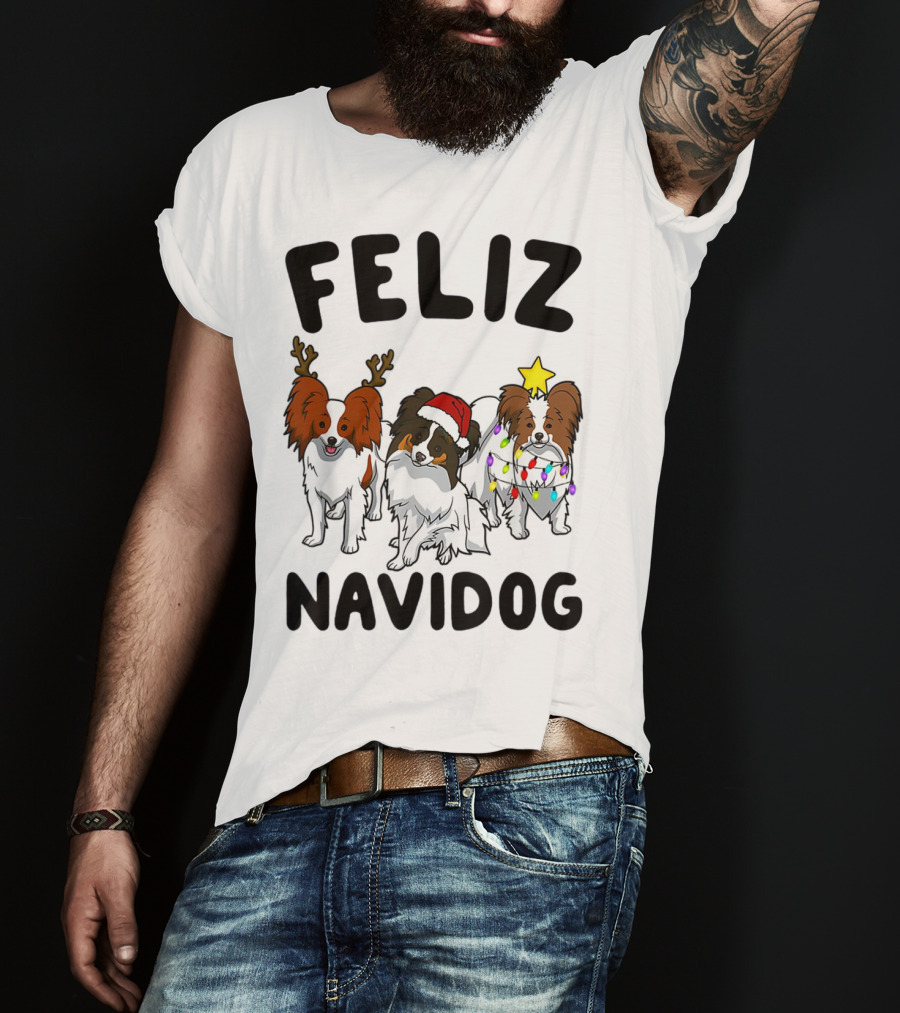 Feliz Navidog Funny Papillon Reindeer Santa Hat Christmas Lights T-Shirt