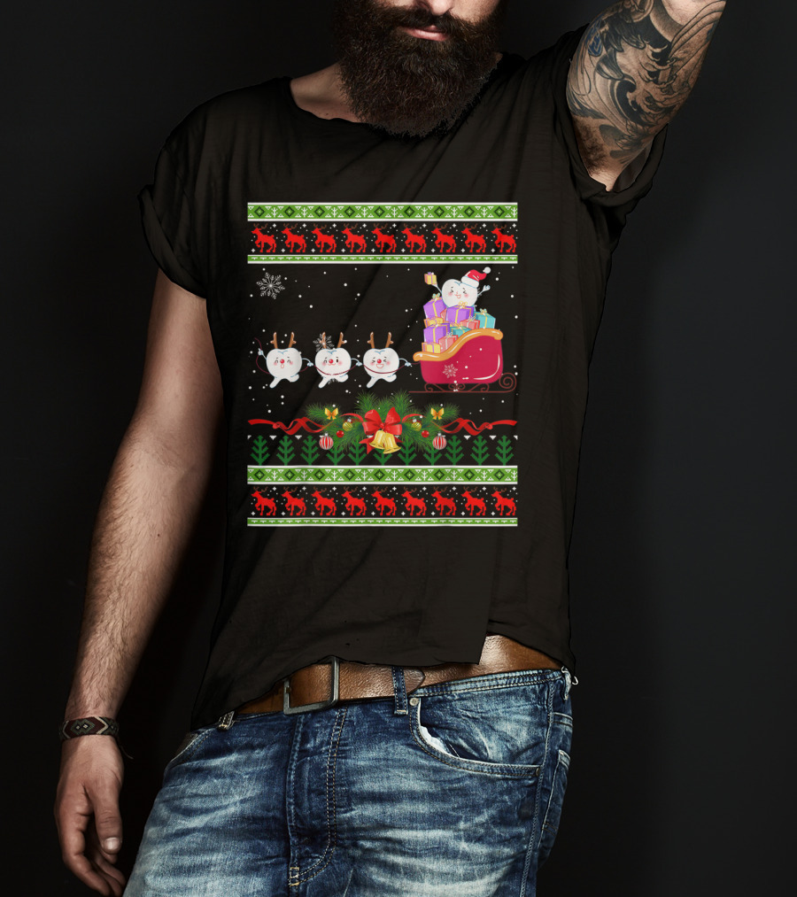 Funny Christmas Tree Dental Snowmen In Santa's Sleigh T-Shirt