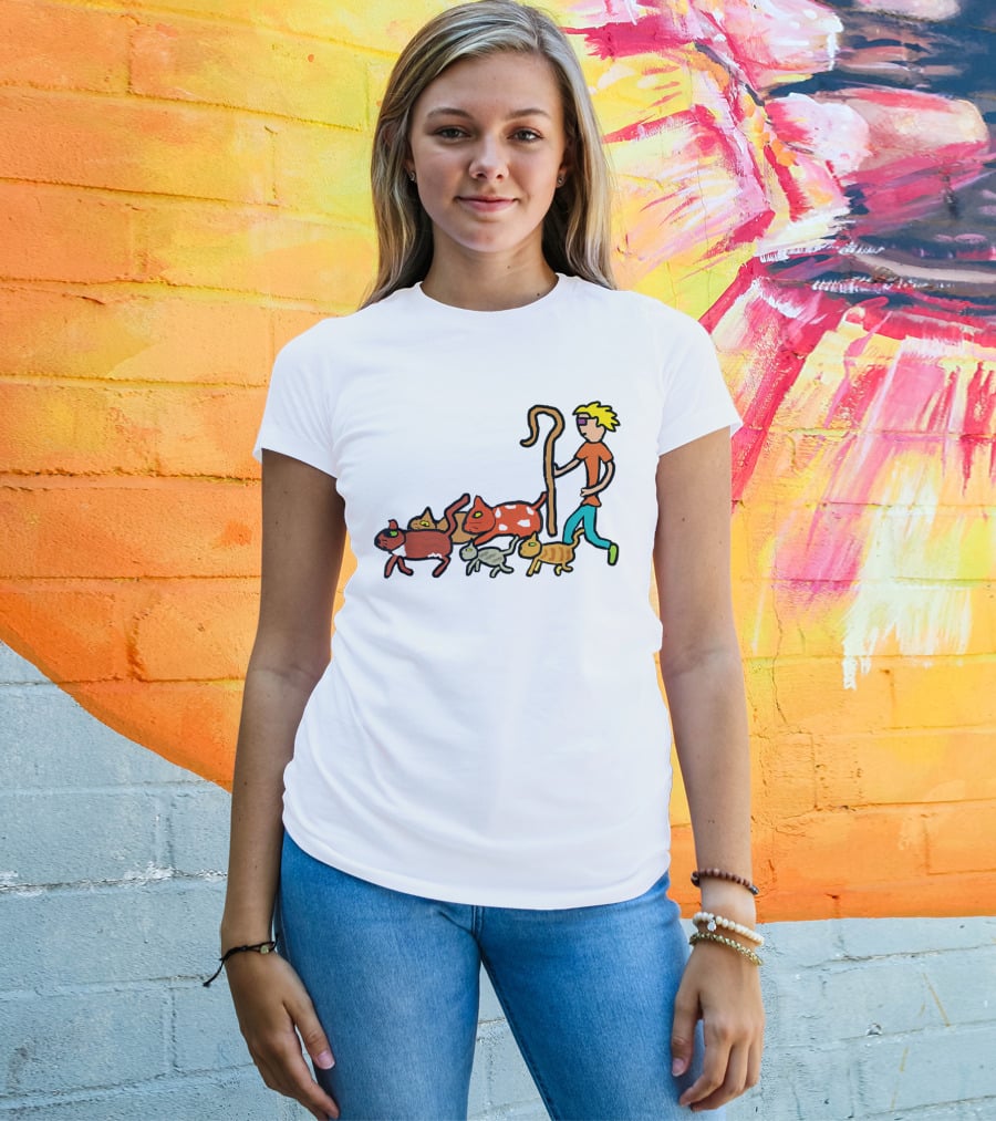 Herding Cats Cartoon Shepherd With Colorful Cats Scene T-Shirt