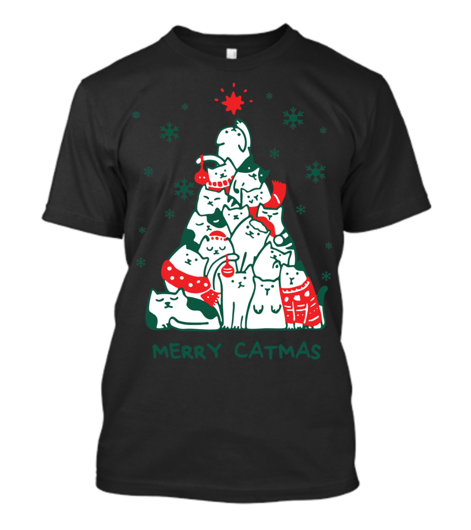 Merry Catmas Funny Cat Christmas Tree Holiday Cats Snowflakes Red Green T-Shirt