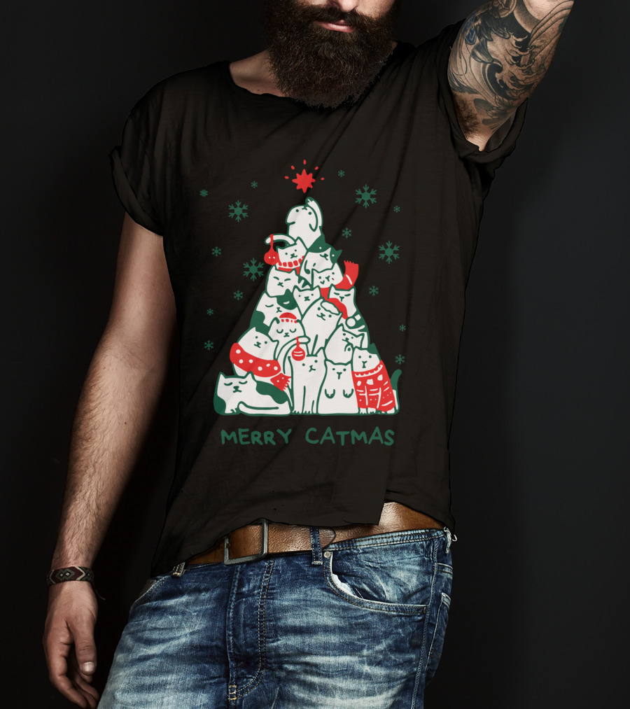 Merry Catmas Funny Cat Christmas Tree Holiday Cats Snowflakes Red Green T-Shirt