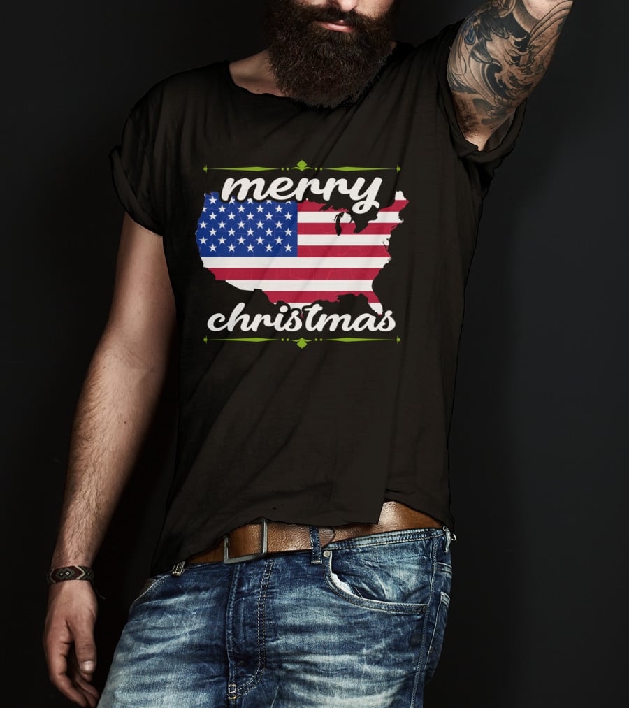 Merry Christmas USA Flag Map T-Shirt