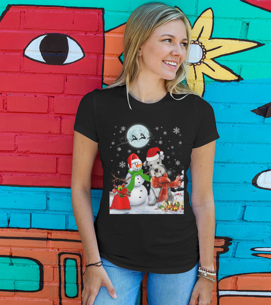 Miniature Schnauzer Santa Snowman Christmas Moon Snowflakes T-Shirt