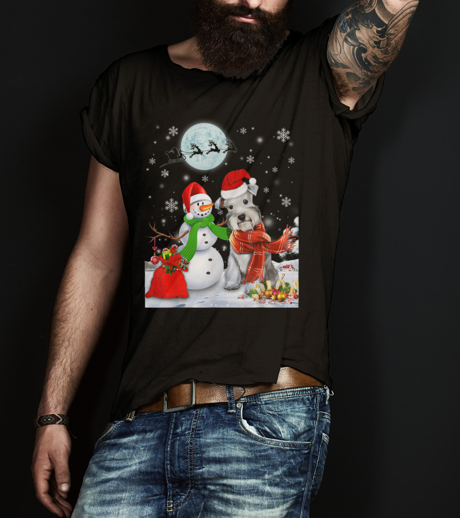 Miniature Schnauzer Santa Snowman Christmas Moon Snowflakes T-Shirt