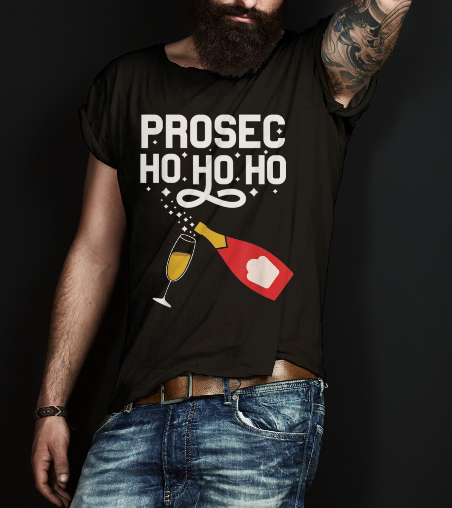Prosecco Ho Ho Ho Funny Christmas Wine Bottle And Glass T-Shirt