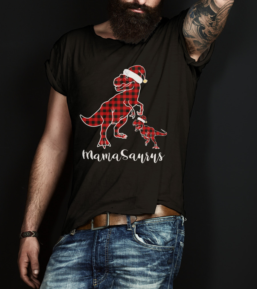 Mamasaurus Red Plaid Santa Hat Buffalo Family T-Shirt