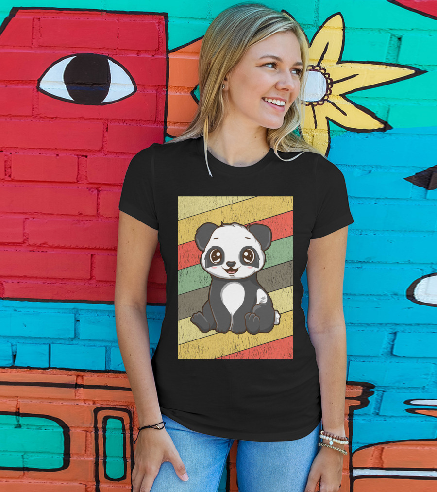 Retro Kawaii Panda Bear Vintage Stripe T-Shirt