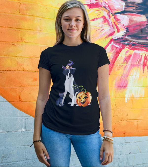 Great Dane Dog Halloween Witch Hat Pumpkin And Cat T-Shirt