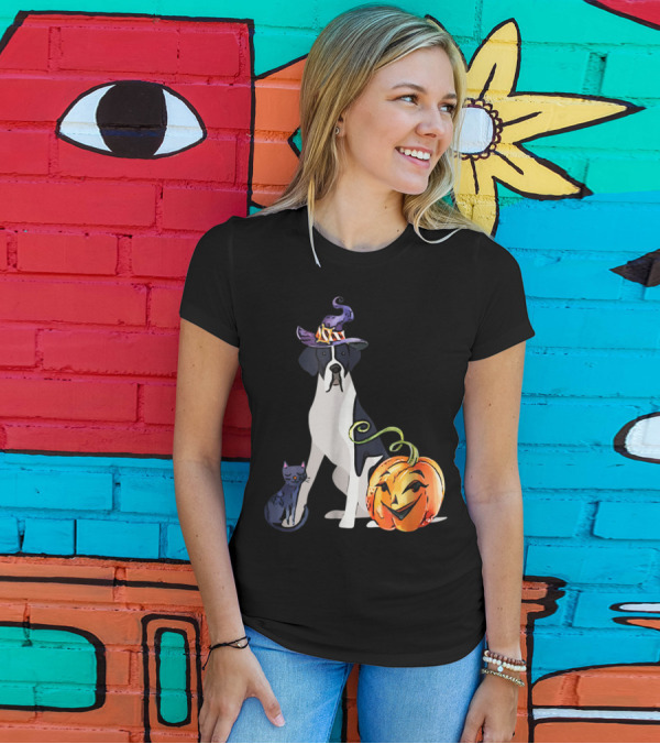 Great Dane Dog Halloween Witch Hat Pumpkin And Cat T-Shirt