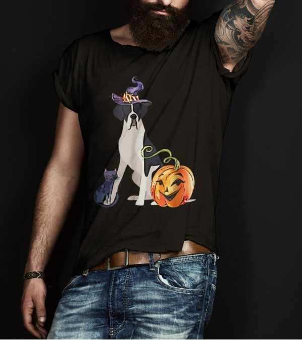 Great Dane Dog Halloween Witch Hat Pumpkin And Cat T-Shirt