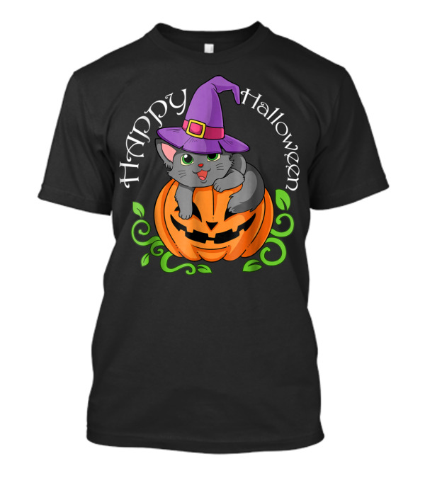Happy Halloween Fun Cat And Pumpkin Wizard Hat T-Shirt
