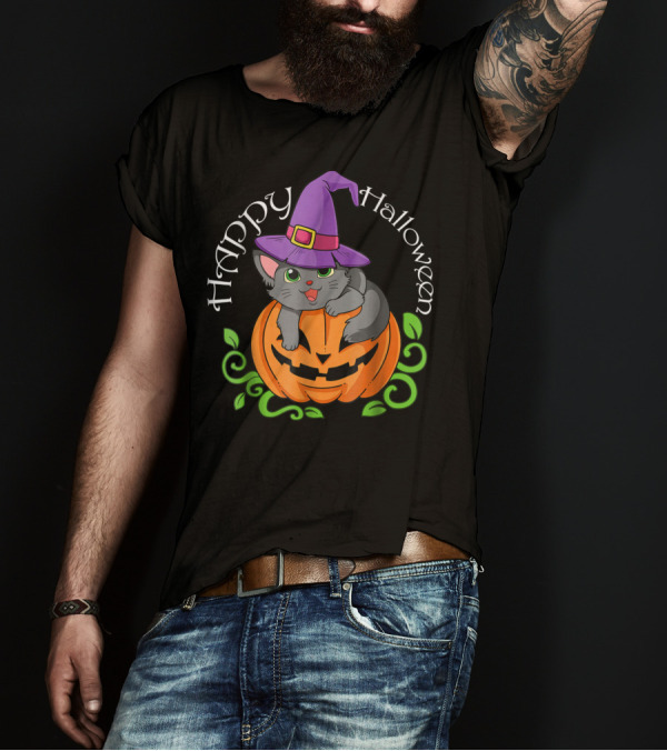 Happy Halloween Fun Cat And Pumpkin Wizard Hat T-Shirt