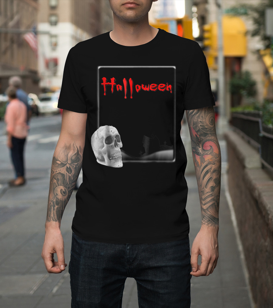 Halloween Skull with Haunted House Scene T-Shirt