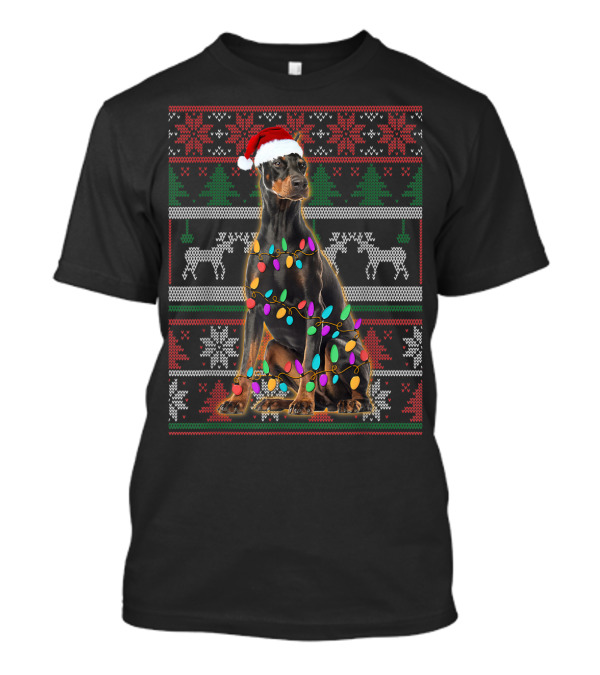 Doberman Christmas Ugly Sweater Style With Santa Hat And Lights T-Shirt