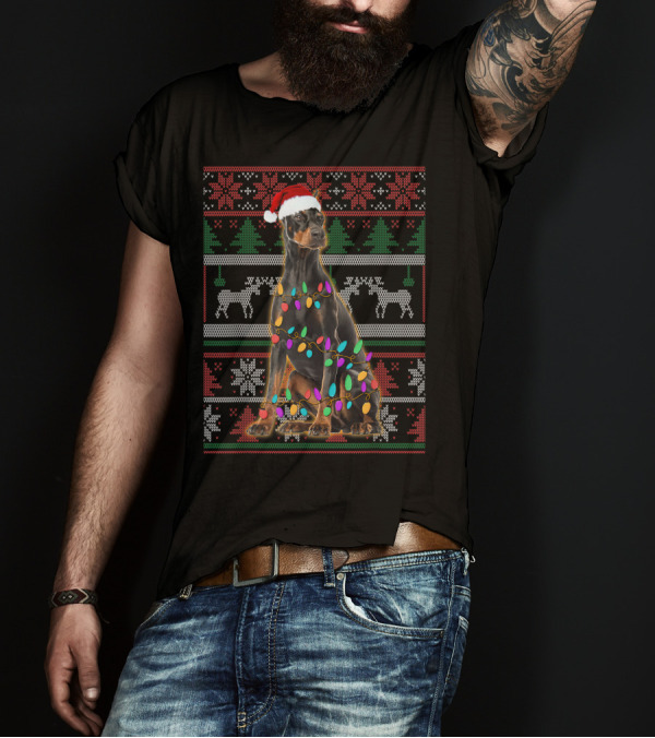Doberman Christmas Ugly Sweater Style With Santa Hat And Lights T-Shirt