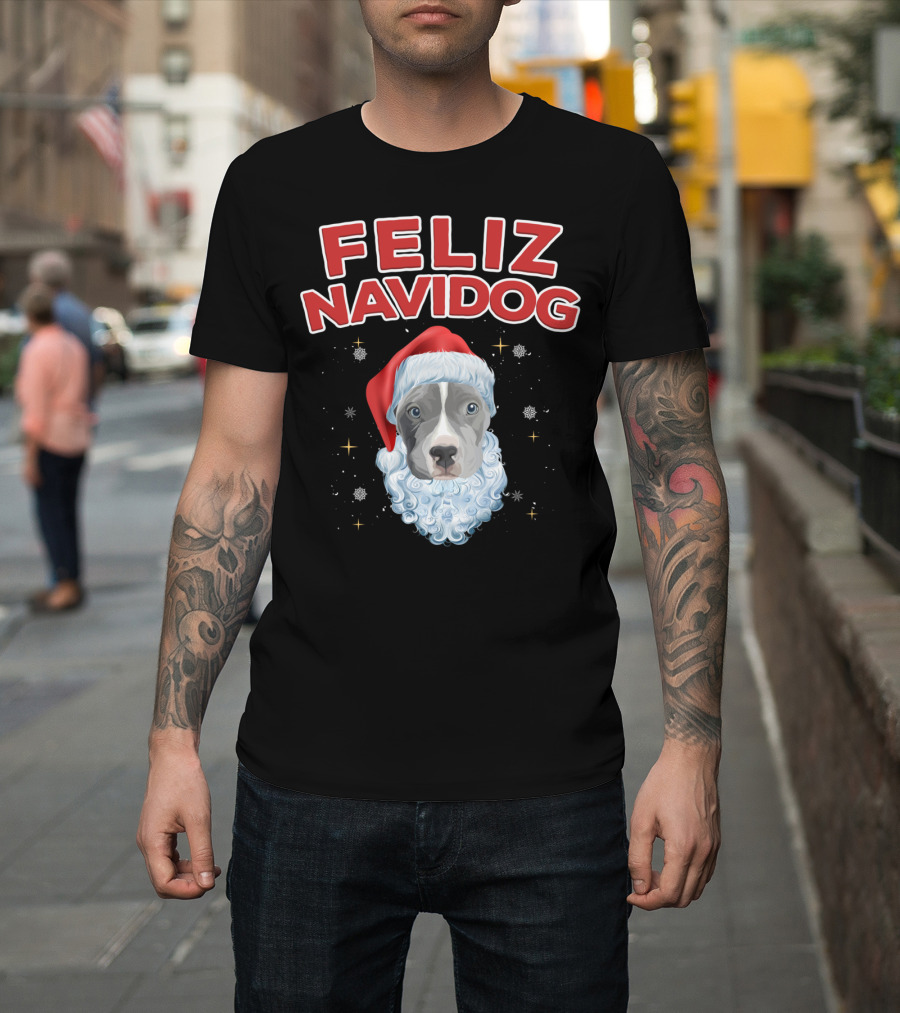 Feliz Navidog Christmas Pitbull with Santa Hat and Beard T-Shirt