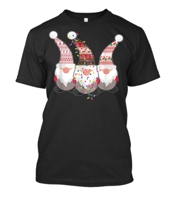 Nordic Gnomes With Festive Patterned Hats And Christmas Lights T-Shirt