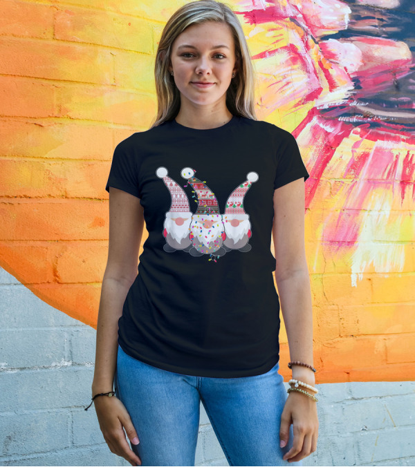 Nordic Gnomes With Festive Patterned Hats And Christmas Lights T-Shirt
