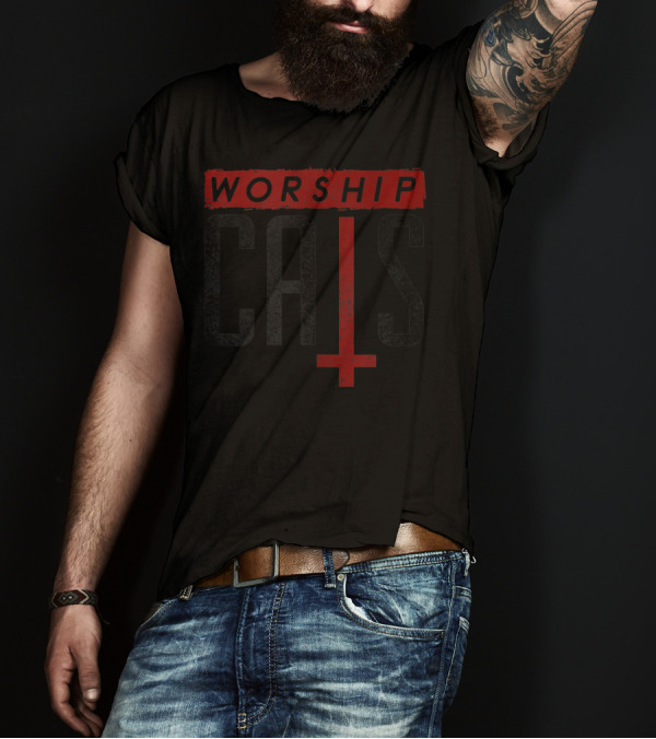 Worship Cats Humor With Inverted Cross T-Shirt