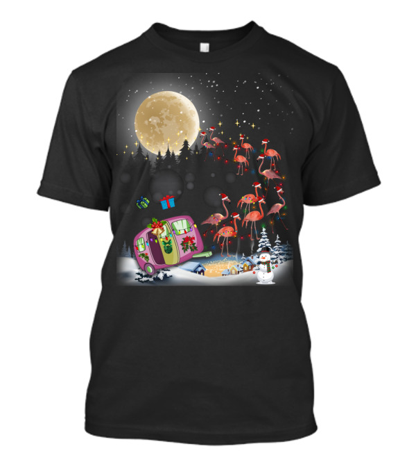 Flamingo Santa Christmas Camper Under Moonlit Snowy Night T-Shirt