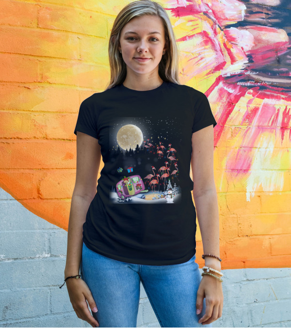 Flamingo Santa Christmas Camper Under Moonlit Snowy Night T-Shirt