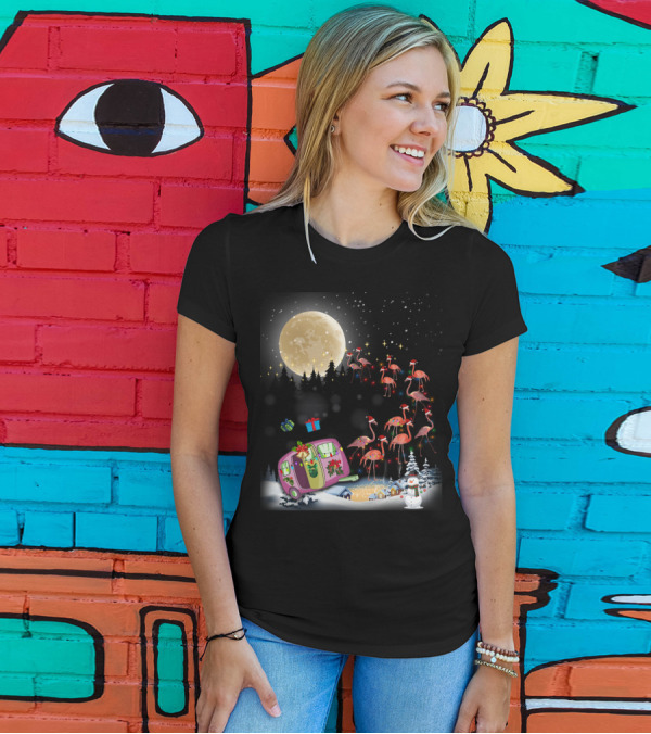 Flamingo Santa Christmas Camper Under Moonlit Snowy Night T-Shirt