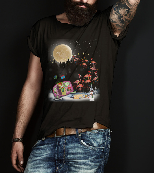 Flamingo Santa Christmas Camper Under Moonlit Snowy Night T-Shirt