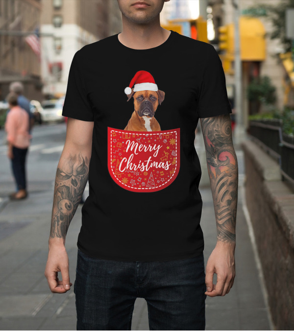 Shirt: Merry Christmas Boxer Dog in Santa Hat in Pocket T-Shirt Merry Christmas Boxer Dog in Santa Hat in Pocket T-Shirt