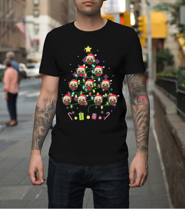 Shirt: Funny Christmas Tree with Pug Faces Santa Hats and Colorful LED Light Decorations T-Shirt Funny Christmas Tree with Pug Faces Santa Hats and Colorful LED Light Decorations T-Shirt