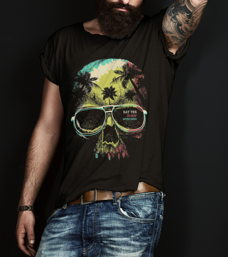 Say Yes To New Adventures Skull With Sunglasses And Palm Trees T-Shirt