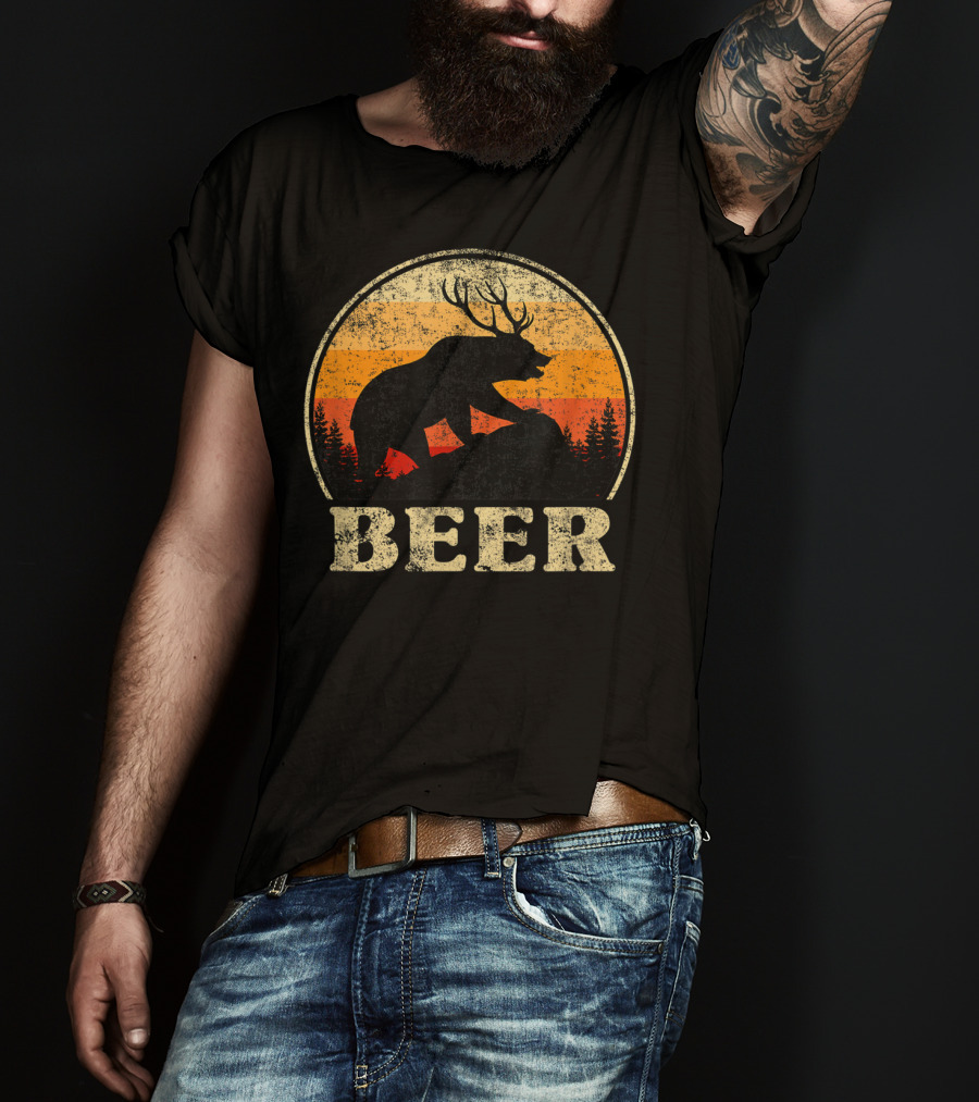 Bear Deer Beer Retro Vintage Silhouette Forest Sunset T-Shirt