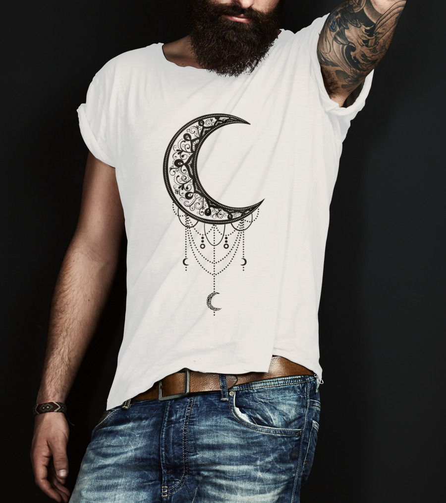 Beautiful Black Crescent Moon Dreamcatcher Design With Intricate Patterns And Hanging Beads T-Shirt