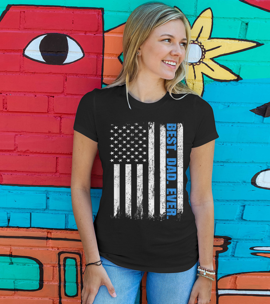 Best Dad Ever USA Flag Fathers Day Police Thin Blue Line T-Shirt