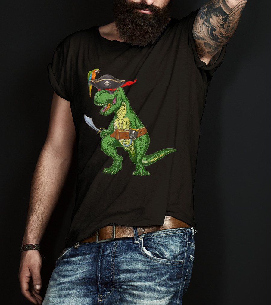 Boys Kids Dinosaur T-Rex Pirate With Parrot And Sword T-Shirt