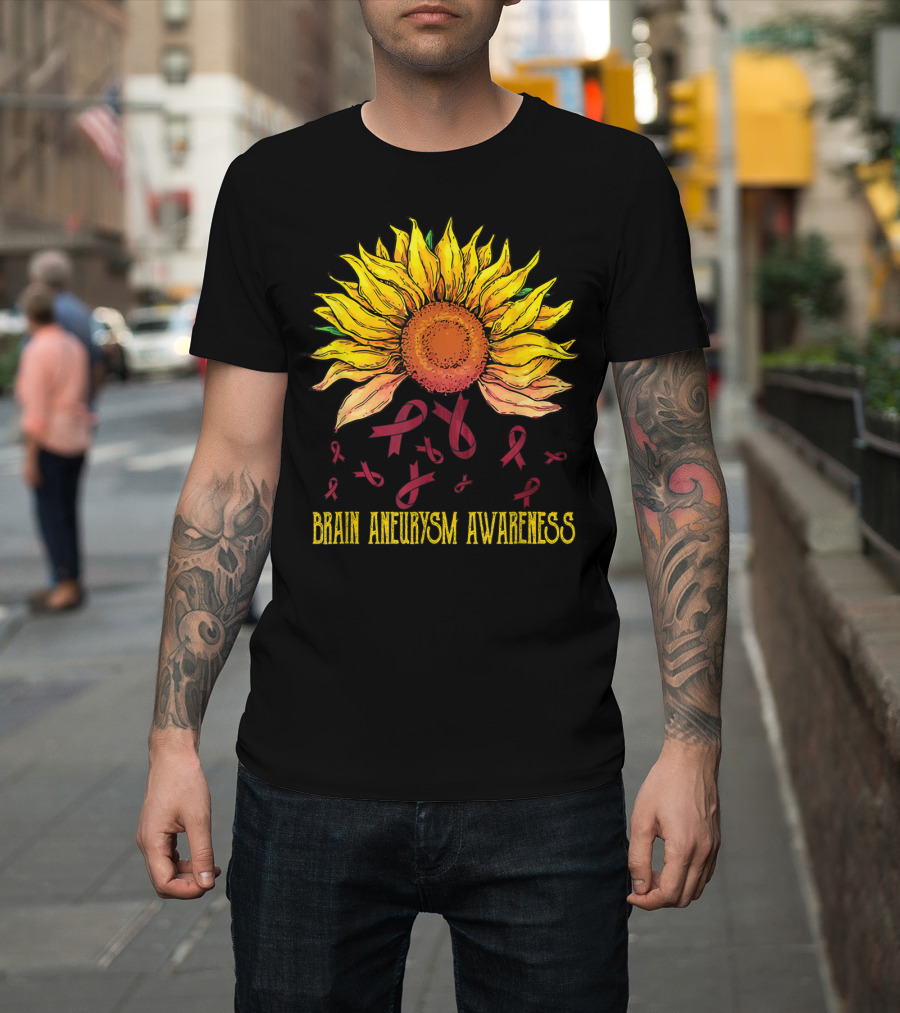 Brain Aneurysm Awareness Sunflower with Yellow Sunflower and Red Ribbons T-Shirt