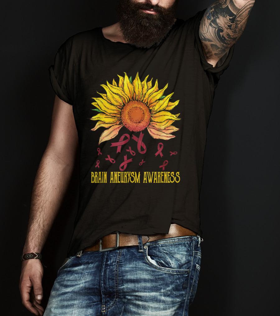 Brain Aneurysm Awareness Sunflower With Yellow Sunflower And Red Ribbons T-Shirt