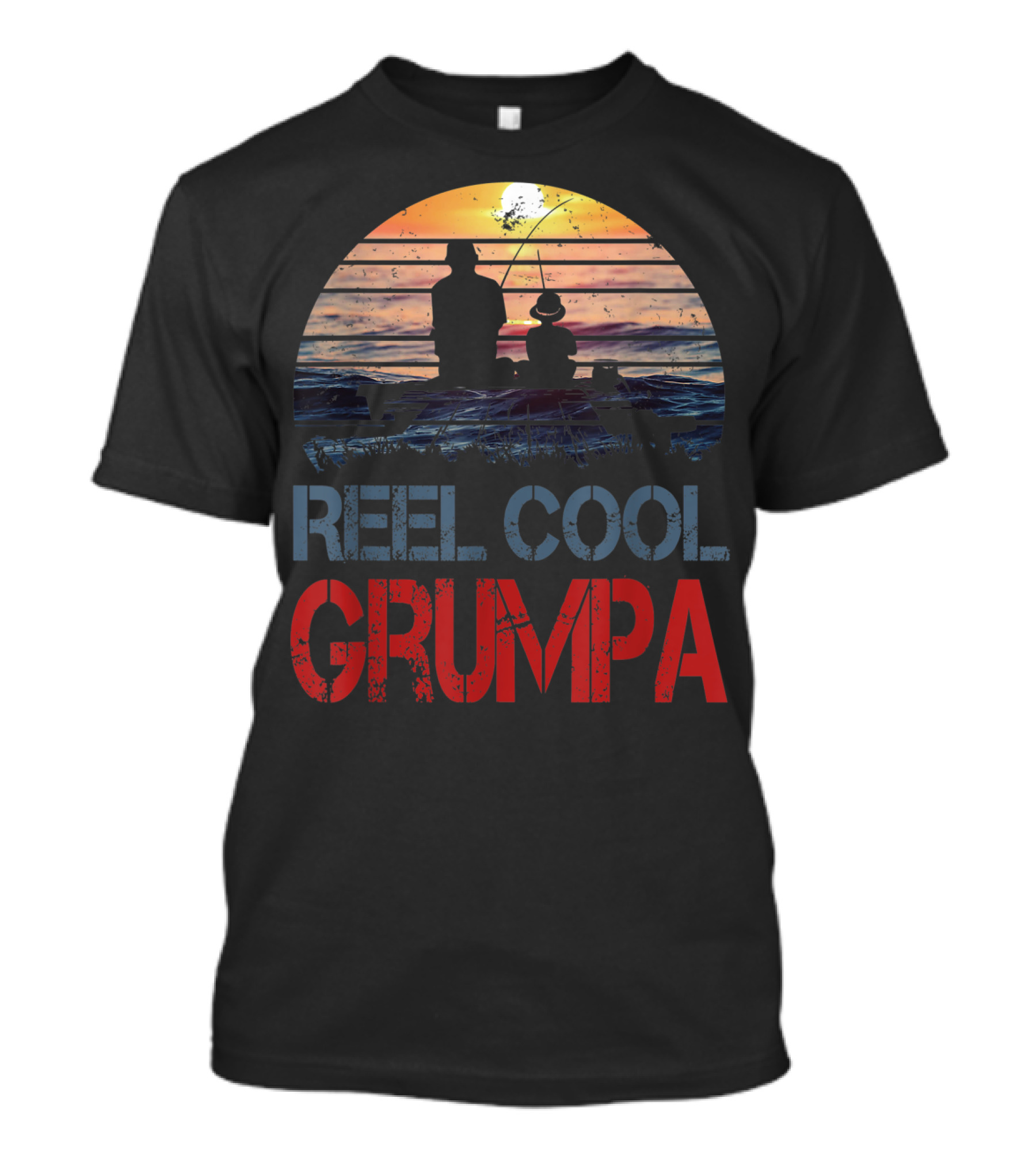 Father's Day Reel Cool Grumpa Fishing Silhouette With Sunset Background T-Shirt