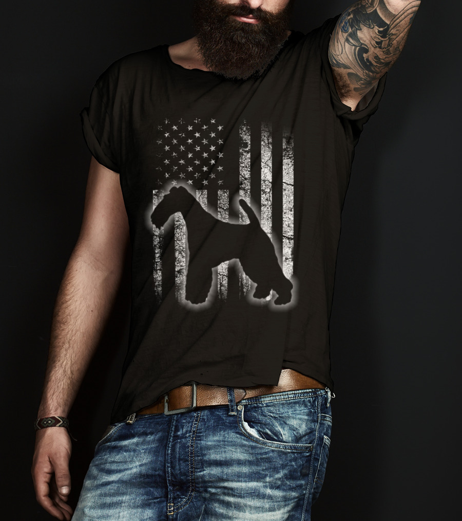 American Flag Wire Fox Terrier Dog Silhouette Love T-Shirt