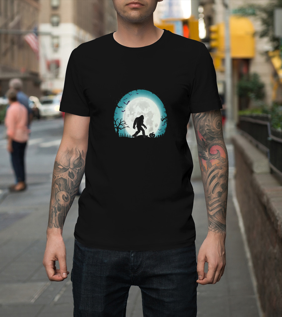 Halloween Bigfoot Silhouette With Full Moon And Bats Scene T-Shirt