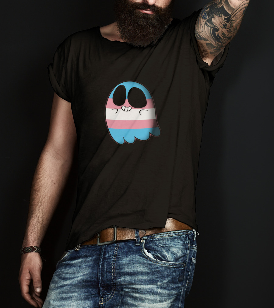 Cute Happy Ghost With Transgender Pride Flag Stripes T-Shirt
