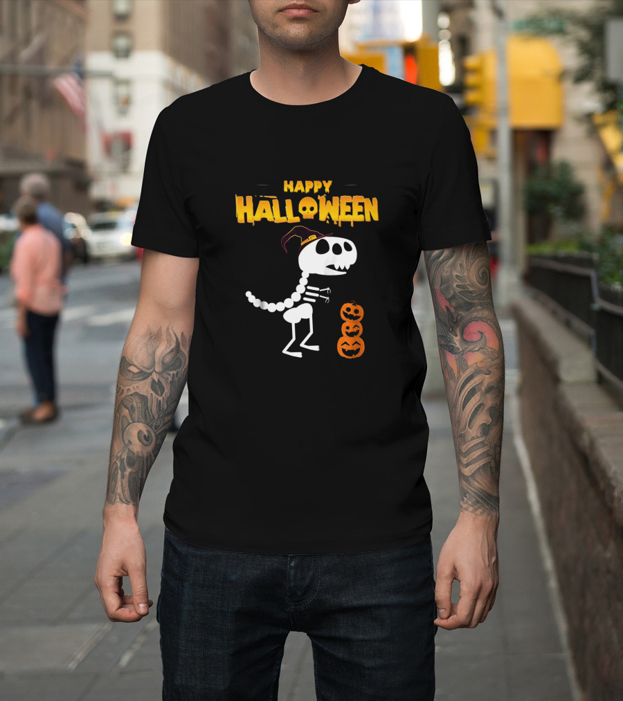 Happy Halloween Skeleton Dinosaur With Pumpkin Stack T-Shirt